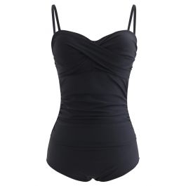 Ruched Design Solid Black One-Piece Swimsuit - Retro, Indie and Unique ...