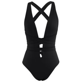 Deep V-Neck Lace-Up One-Piece Swimsuit in Black - Retro, Indie and ...