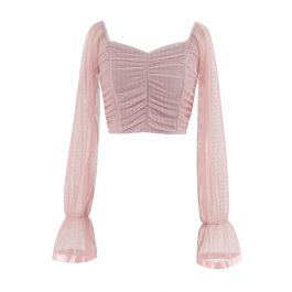 Ruched Dot Mesh Sweetheart Neck Crop Top in Pink - Retro, Indie and ...