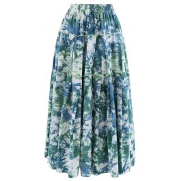 Tie-Dye Pleated Frill Midi Skirt in Teal - Retro, Indie and Unique Fashion