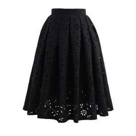 Floral Cutwork Jacquard Midi Skirt in Black - Retro, Indie and Unique ...