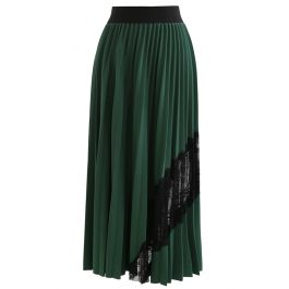 Lace Inserted Pleated Maxi Skirt in Green - Retro, Indie and Unique Fashion