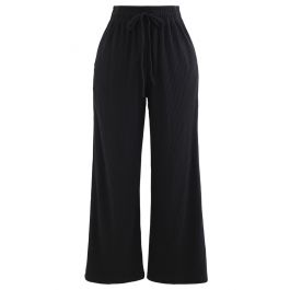 Cropped Wide-Leg Drawstring Knit Pants in Black - Retro, Indie and ...