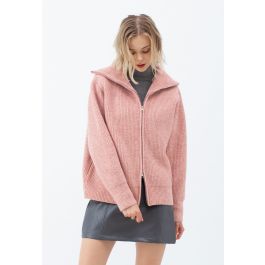Full Zip Ribbed Knit Cardigan in Pink