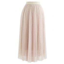 Starry Double-Layered Pleated Tulle Midi Skirt in Light Tan - Retro ...