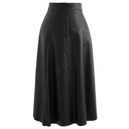 Buttoned Soft Faux Leather A-Line Skirt in Black - Retro, Indie and ...