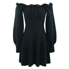 Ruffle Square Neck Knit Midi Dress in Dark Green - Retro, Indie and ...