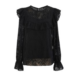 Ruffle Embroidered Floral Chiffon Top in Black - Retro, Indie and ...