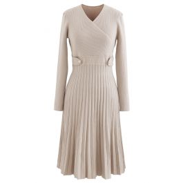 Button Embellished Wrap Pleated Knit Dress in Sand - Retro, Indie and ...