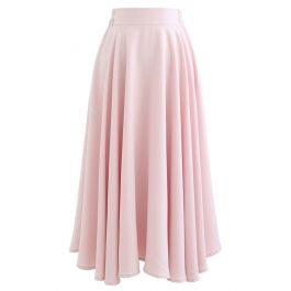 Solid Color Elastic Waist Flare Midi Skirt in Pink - Retro, Indie and ...