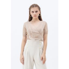 Mesh Overlay Wrap Crop Knit Top in Taupe - Retro, Indie and Unique Fashion