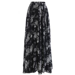 Sketch Peony Chiffon Maxi Skirt in Black - Retro, Indie and Unique Fashion