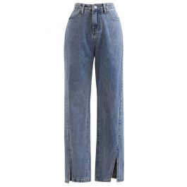 Slit Cuffs High Waist Soft Jeans in Blue - Retro, Indie and Unique Fashion