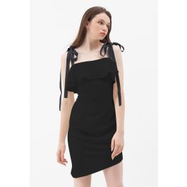 Tie Shoulder Frilling Ruched Mini Dress in Black - Retro, Indie and ...