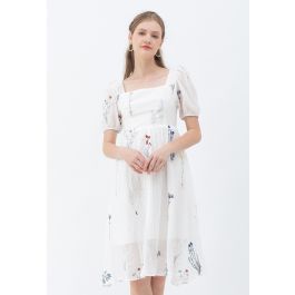 Bouquet Embroidered Tie Back Square Neck Dress - Retro, Indie and ...