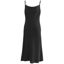 Buttoned Side Split Hem Satin Cami Dress in Black - Retro, Indie and ...