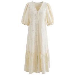 Button Down Bubble Sleeve Embroidered Dolly Dress in Light Yellow ...