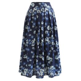 Falling Flowers Pleated Midi Skirt in Navy - Retro, Indie and Unique ...
