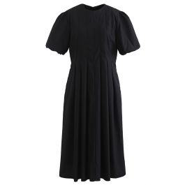 Puff Short Sleeve Pleated Midi Dress in Black - Retro, Indie and Unique ...