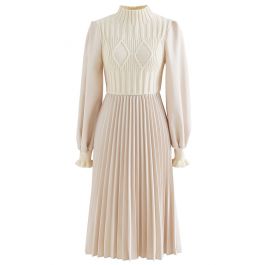 Cable Knit Spliced Pleated Midi Dress in Cream - Retro, Indie and ...