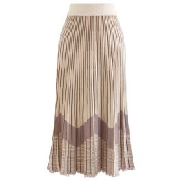 Tasseled Hem Contrast Blocked Pleated Knit Midi Skirt in Cream - Retro ...