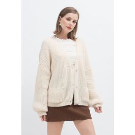 Patched Pocket Shimmer Knit Buttoned Cardigan in Cream - Retro, Indie ...