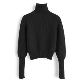 High Neck Waffle Knit Crop Sweater in Black - Retro, Indie and Unique ...