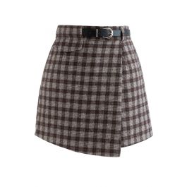 Check Print Belted Flap Skorts in Brown - Retro, Indie and Unique Fashion