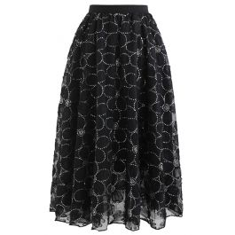 Floral Sequin Double-Layered Mesh Skirt in Black - Retro, Indie and ...