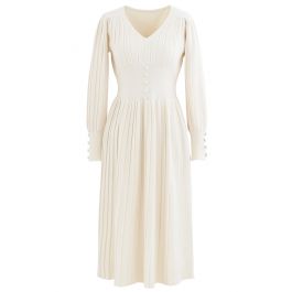 Button Decorated Pleated Knit Dress in Cream - Retro, Indie and Unique ...