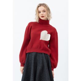 Embroidered Red Heart Turtleneck Crop Sweater in Navy