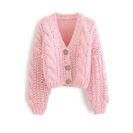 V-Neck Crop Hand-Knit Chunky Cardigan in Pink