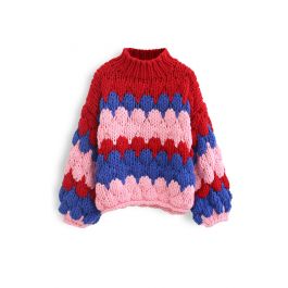 Color Blocked High Neck Hand-Knit Chunky Sweater in Red - Retro, Indie ...