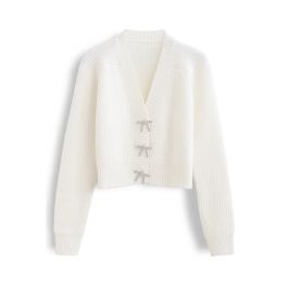 Bowknot Brooch Button Up Crop Knit Cardigan in White - Retro, Indie and ...