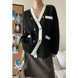 Double-Breasted Contrast Color Cardigan in Black - Retro, Indie and ...