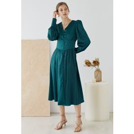 Puff Sleeves Button Up Satin Midi Dress in Emerald - Retro, Indie and ...