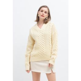 Attractive V-Neck Chunky Knit Sweater in Light Yellow