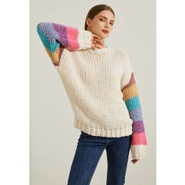 Colorblock-Sleeve Hand Knit Sweater - Retro, Indie and Unique Fashion