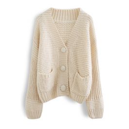 Exaggerated Button Chunky Knit Cardigan in Cream