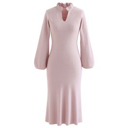 Ruffle V-Neck Puff Sleeve Midi Knit Dress in Pink - Retro, Indie and ...