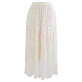 Mysterious Flower Embroidered Mesh Midi Skirt in Cream - Retro, Indie ...