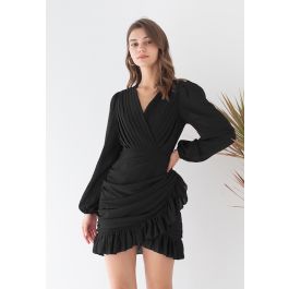 V-Neck Ruffle Hem Chiffon Mini Dress in Black - Retro, Indie and Unique ...
