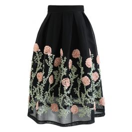 3D Flower Vine Airy Honeycomb Pleated Skirt in Black - Retro, Indie and ...
