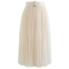 Full Pleated Double-Layered Mesh Midi Skirt in Cream - Retro, Indie and ...