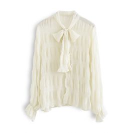 Bowknot Neck Shirred Semi-Sheer Shirt in Cream - Retro, Indie and ...