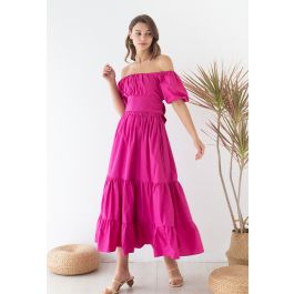 Off-Shoulder Bowknot Crop Top and Flare Skirt Set in Magenta - Retro ...