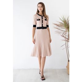 Short-Sleeve Belted Contrast Color Pleated Knit Dress - Retro, Indie ...