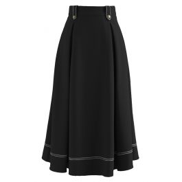 Button Trim Stitches Pleated Flare Midi Skirt in Black - Retro, Indie ...