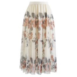 Floral Print Double-Layered Mesh Midi Skirt in Cream - Retro, Indie and ...