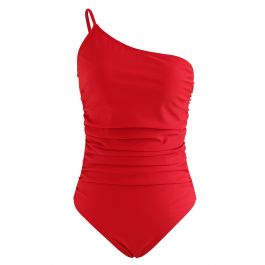One-Shoulder Ruched Detail Swimsuit in Red - Retro, Indie and Unique ...